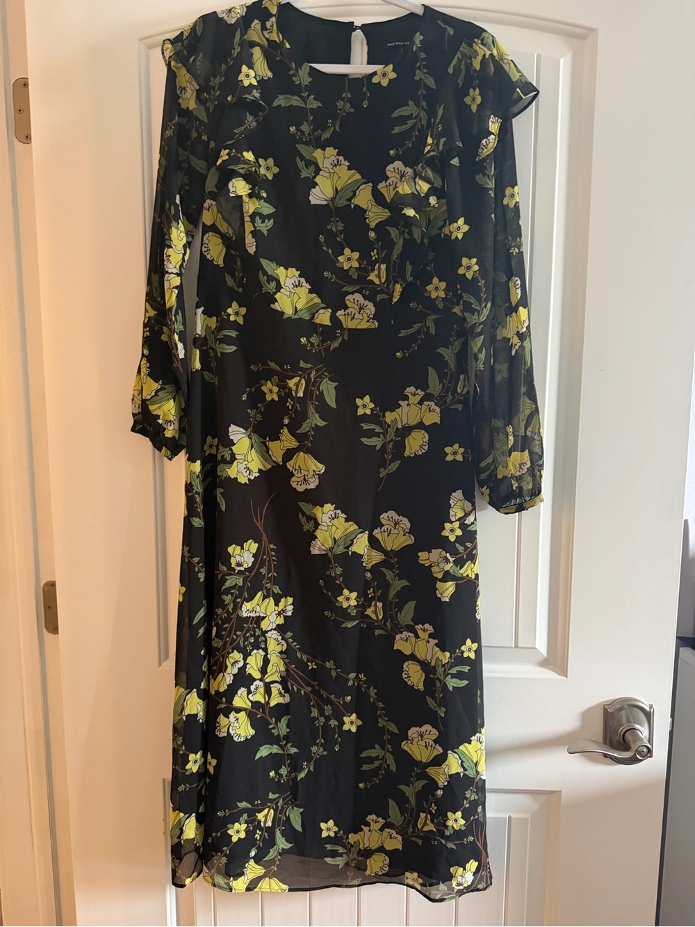 Who What Wear Black Floral Long Sleeve Midi Dress with Yellow Print